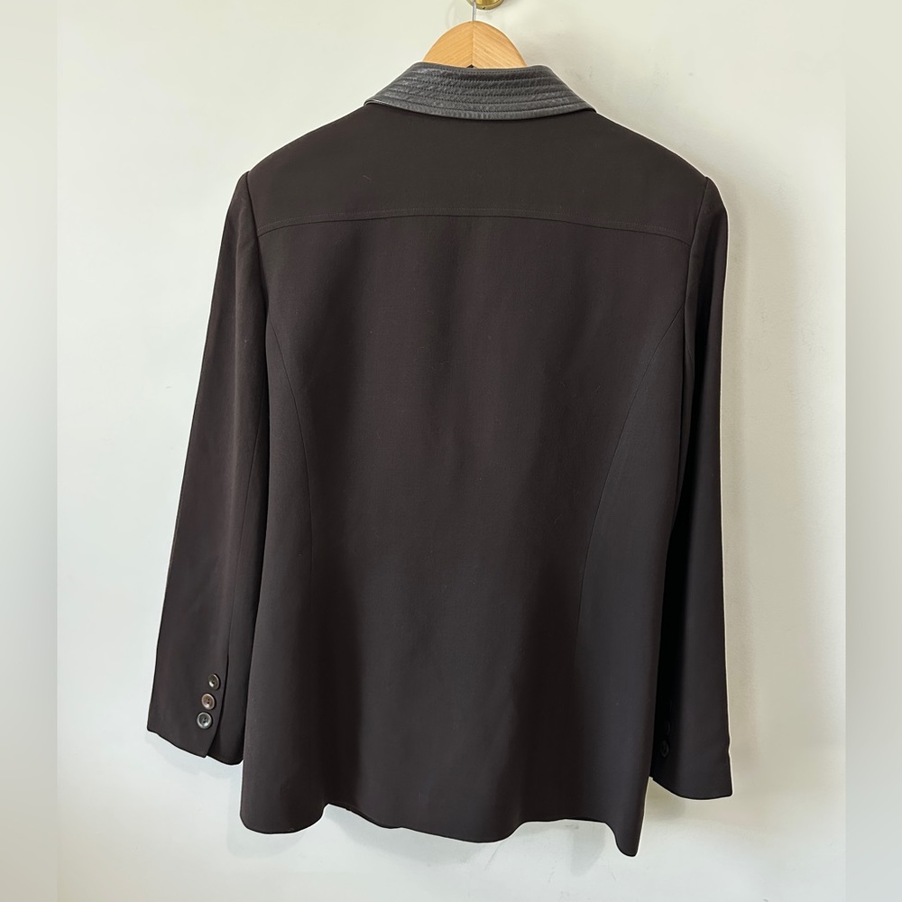 Vintage Brown Wool & Leather Contrast Blazer Jacket By Oscar De La Renta Size 14 - Picture 6 of 14